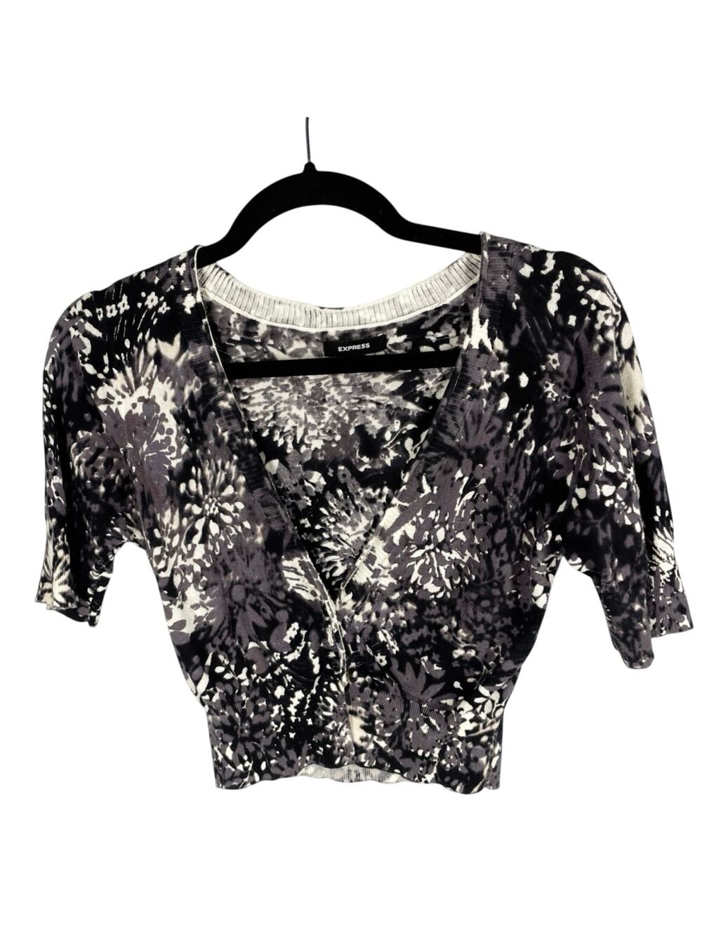 Express, Size Small, White Black Floral Shrug Cardigan, Y2K, Cropped, Knit, EUC
